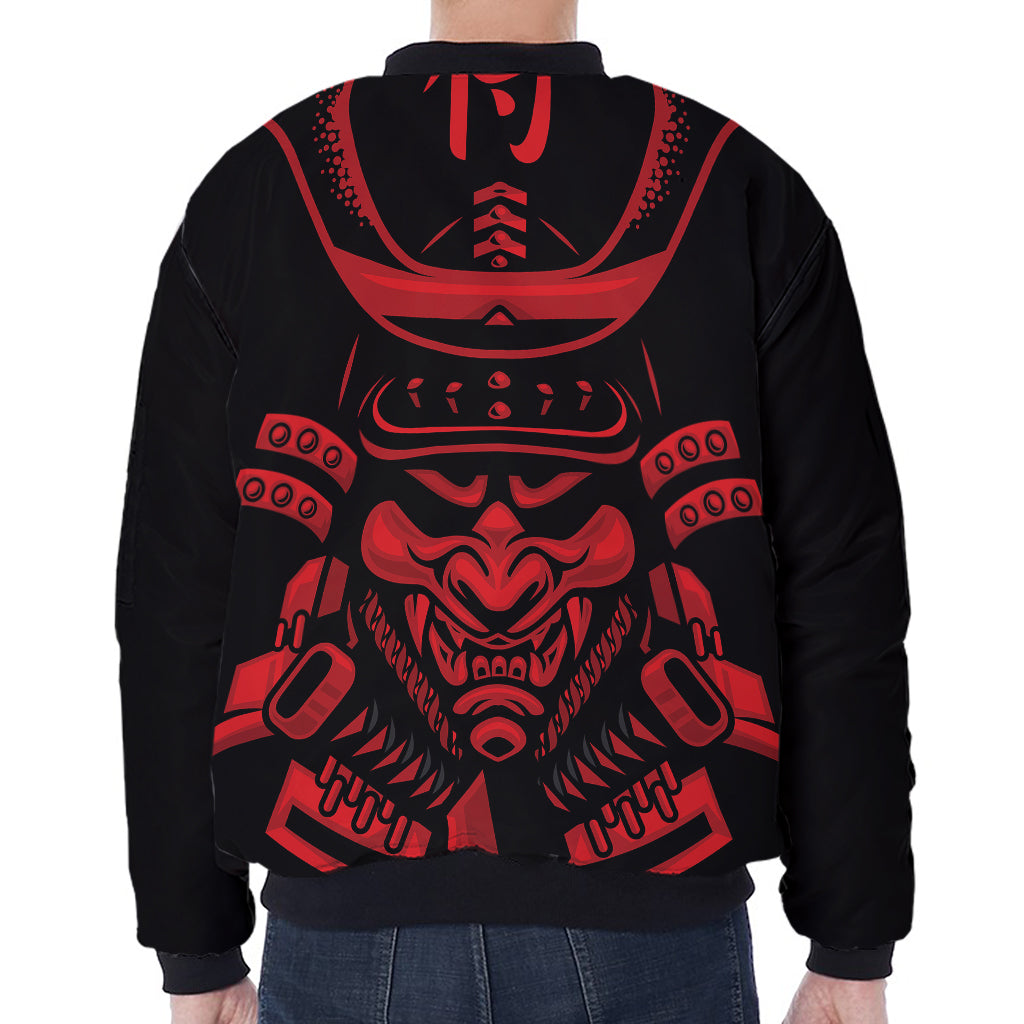 Red Samurai Mask Print Zip Sleeve Bomber Jacket