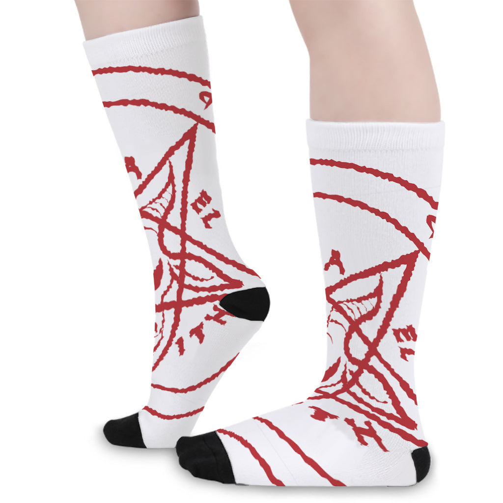 Red Satanic Pentagram Symbol Print Long Socks