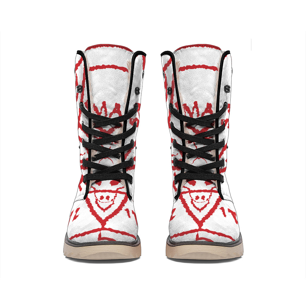 Red Satanic Pentagram Symbol Print Winter Boots