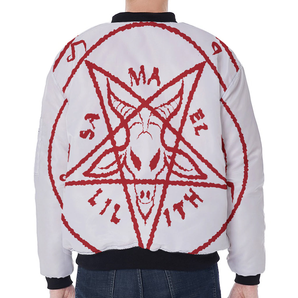 Red Satanic Pentagram Symbol Print Zip Sleeve Bomber Jacket