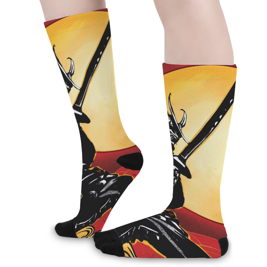 Red Sky And Golden Sun Samurai Print Long Socks