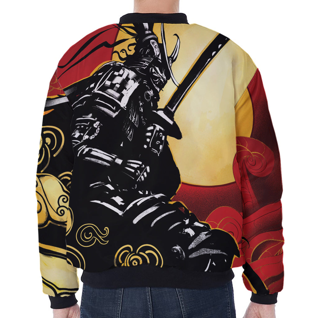 Red Sky And Golden Sun Samurai Print Zip Sleeve Bomber Jacket