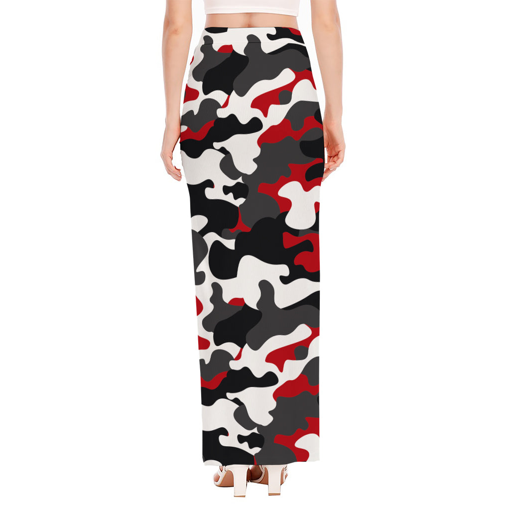 Red Snow Camouflage Print High Slit Maxi Skirt