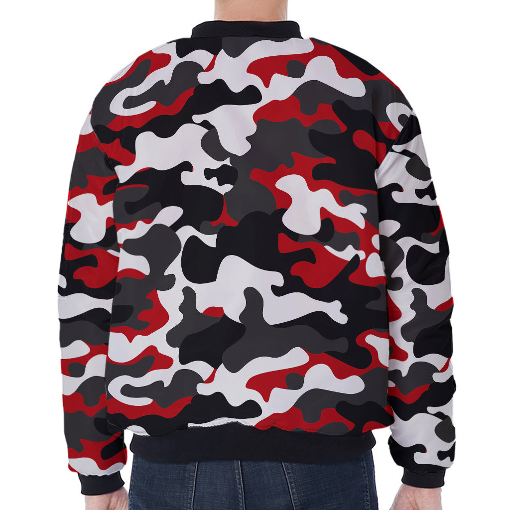 Red Snow Camouflage Print Zip Sleeve Bomber Jacket