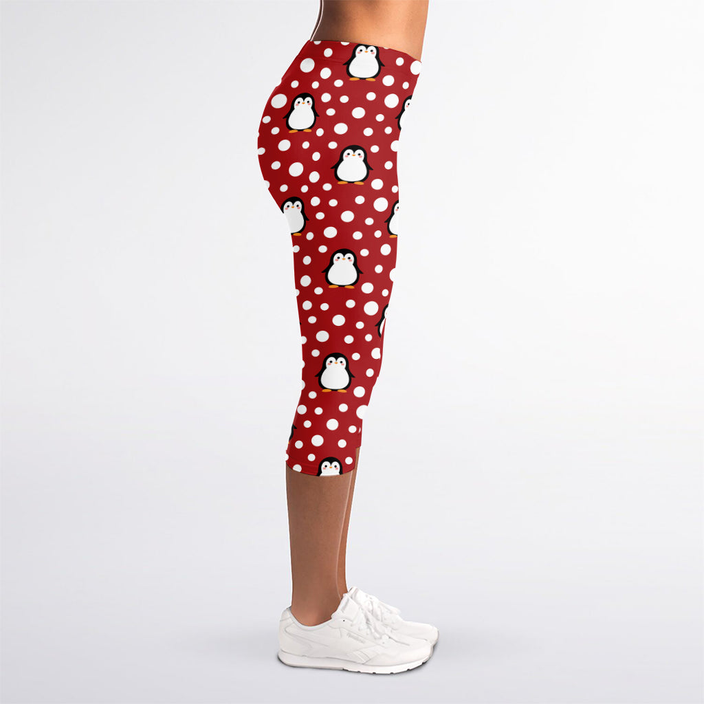 Red Snow Penguin Pattern Print Women's Capri Leggings