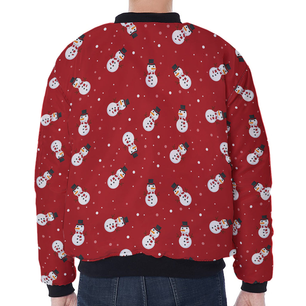 Red Snowman Pattern Print Zip Sleeve Bomber Jacket