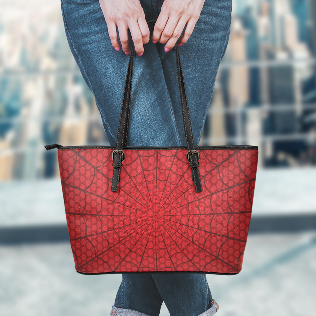 Red Spider Web Print Leather Tote Bag