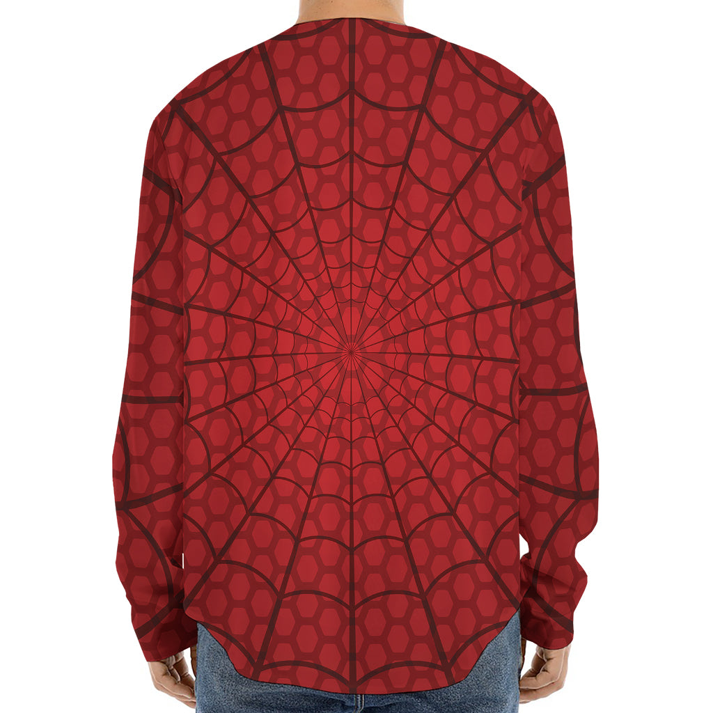 Red Spider Web Print Long Sleeve Baseball Jersey