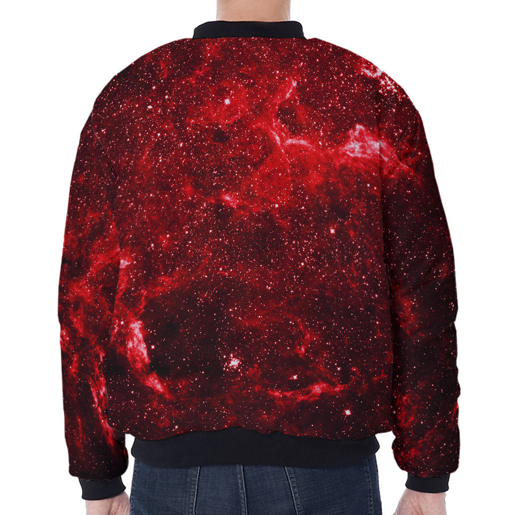 Red Stardust Universe Galaxy Space Print Zip Sleeve Bomber Jacket