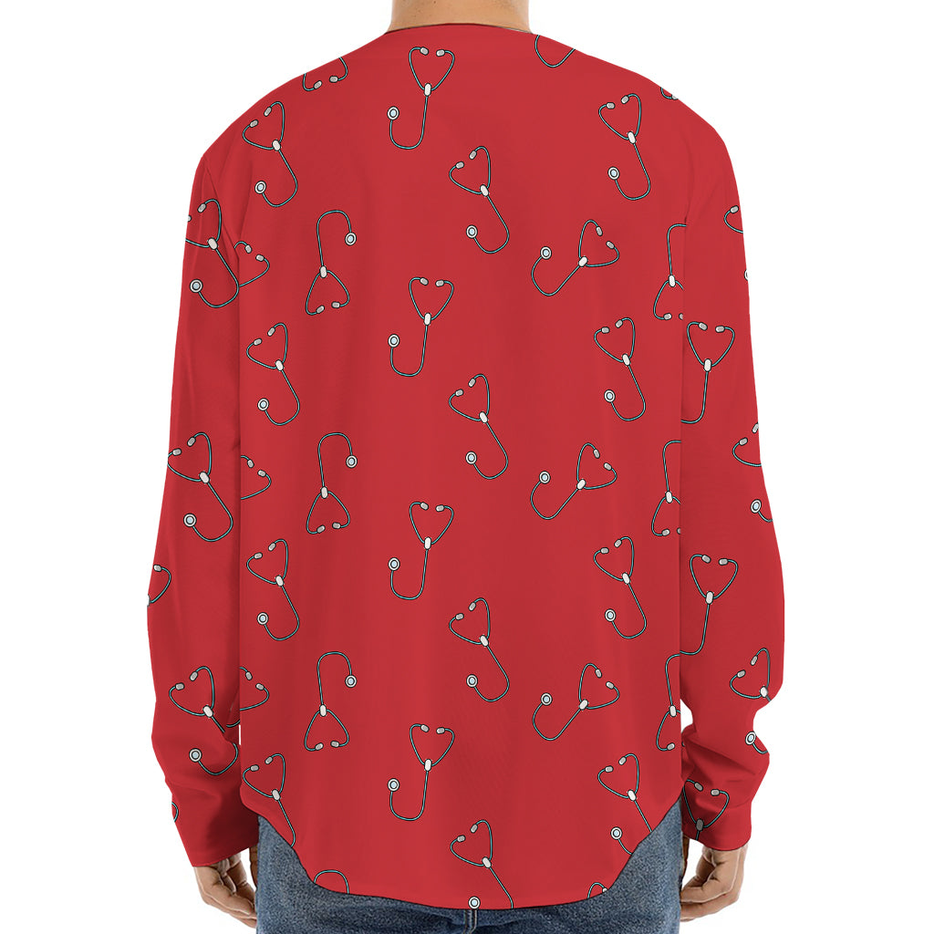 Red Stethoscope Pattern Print Long Sleeve Baseball Jersey