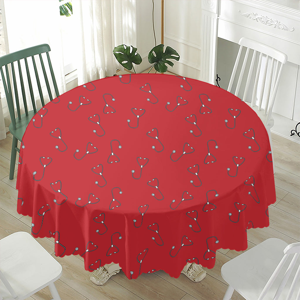 Red Stethoscope Pattern Print Waterproof Round Tablecloth