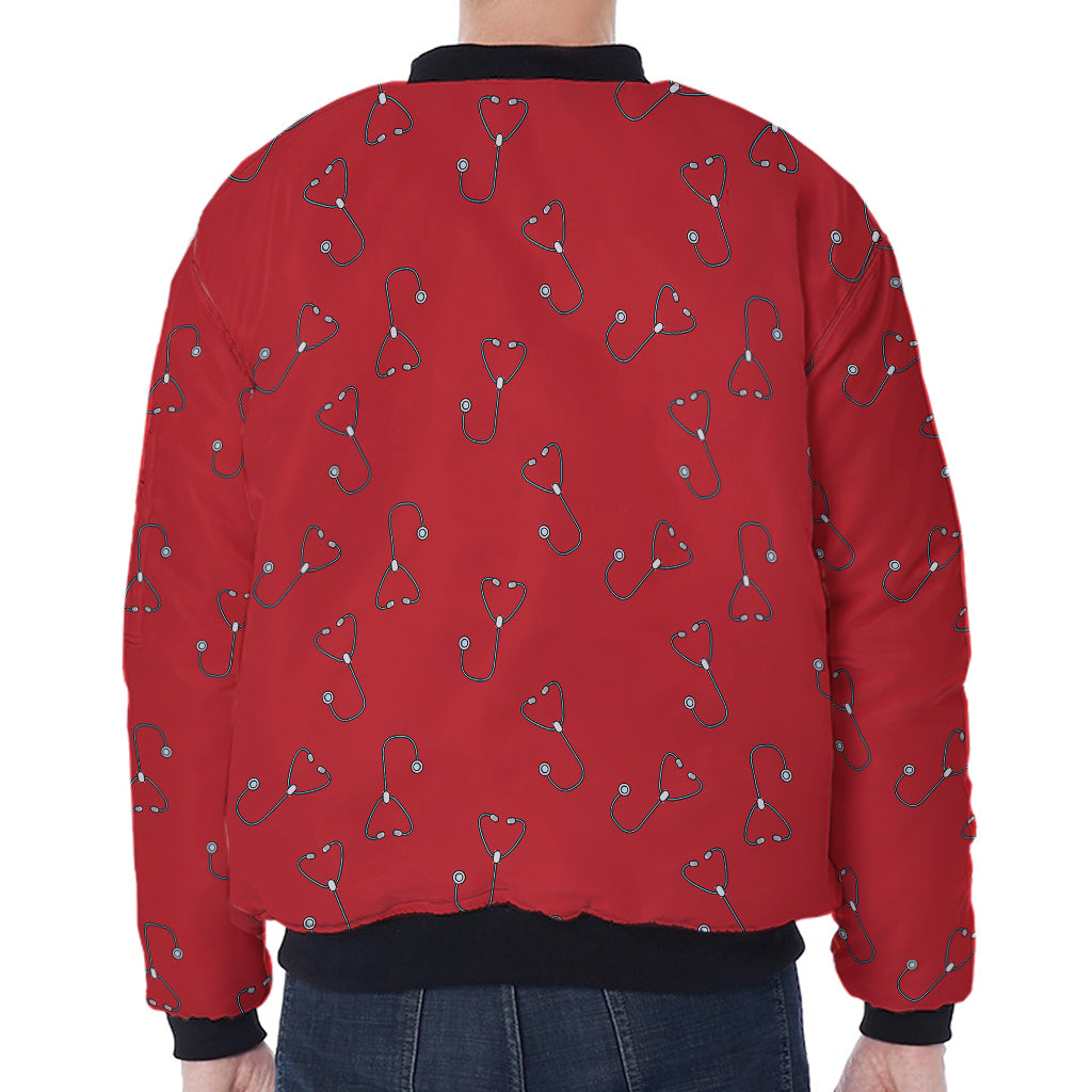 Red Stethoscope Pattern Print Zip Sleeve Bomber Jacket