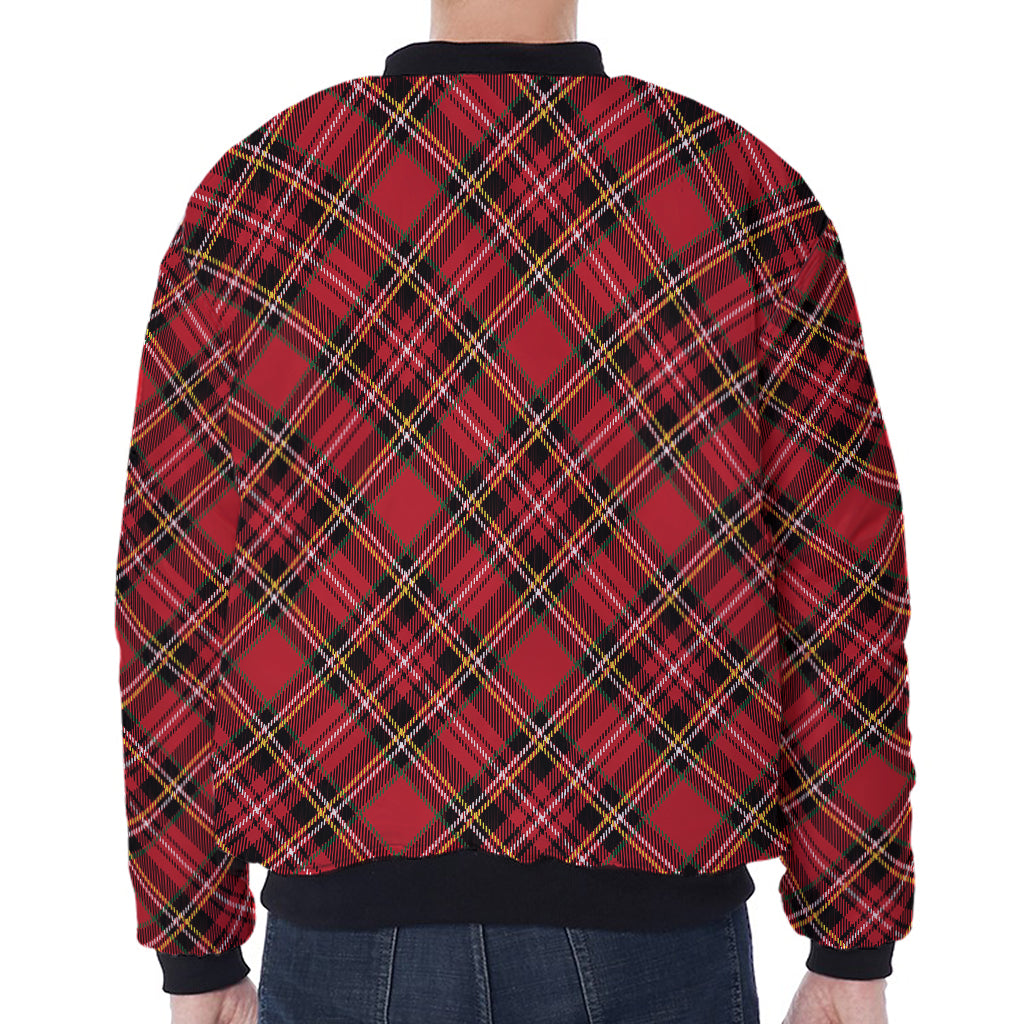 Red Stewart Tartan Pattern Print Zip Sleeve Bomber Jacket