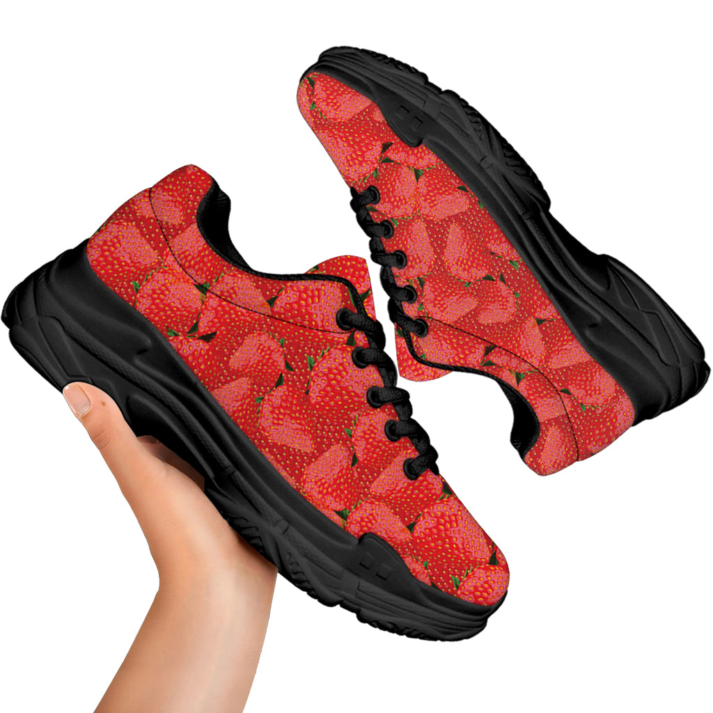 Red Strawberry Pattern Print Black Chunky Shoes