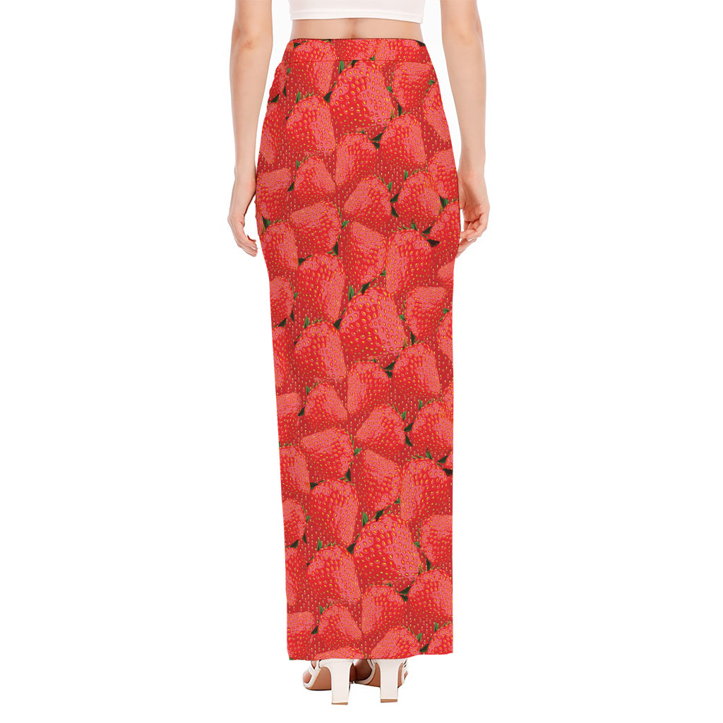 Red Strawberry Pattern Print High Slit Maxi Skirt