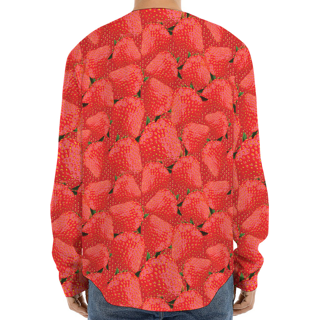 Red Strawberry Pattern Print Long Sleeve Baseball Jersey