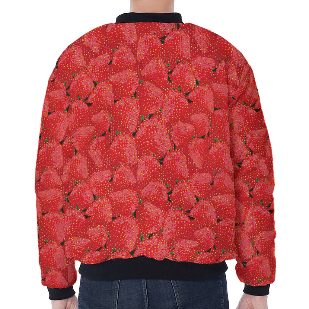 Red Strawberry Pattern Print Zip Sleeve Bomber Jacket