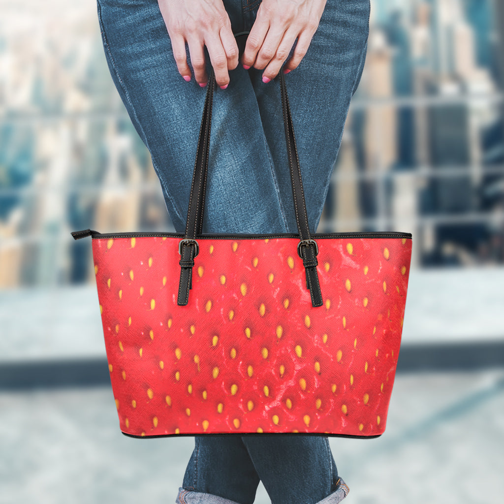 Red Strawberry Print Leather Tote Bag