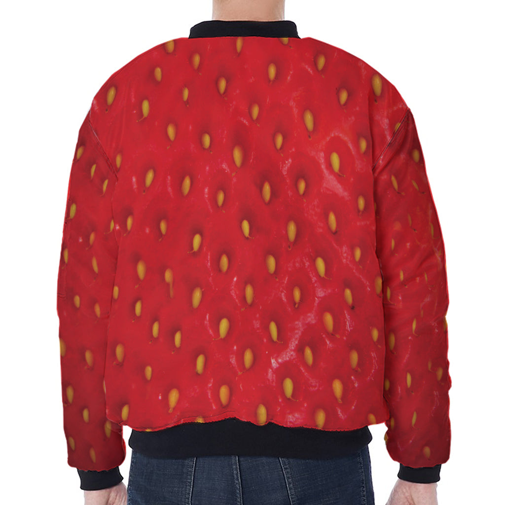 Red Strawberry Print Zip Sleeve Bomber Jacket