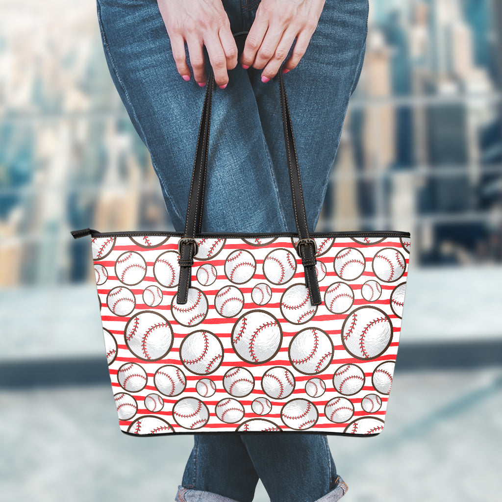 Red Striped Baseball Pattern Print Leather Tote Bag
