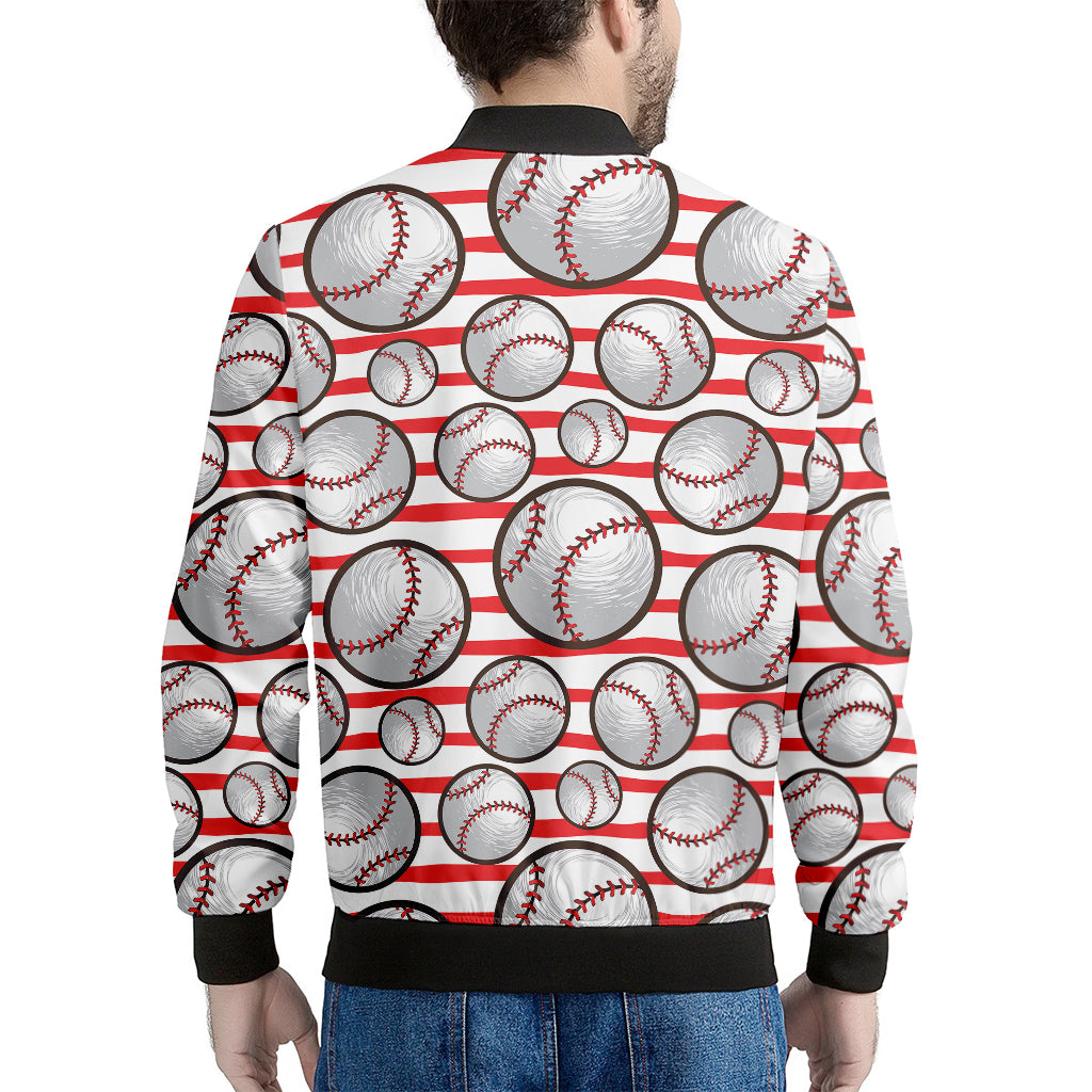 Red Striped Baseball Pattern Print Men's Bomber Jacket