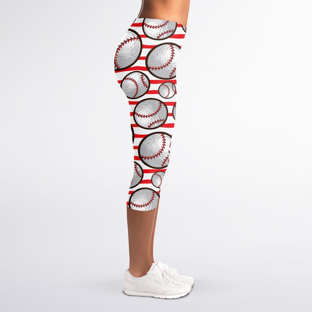 Red Striped Baseball Pattern Print Women's Capri Leggings