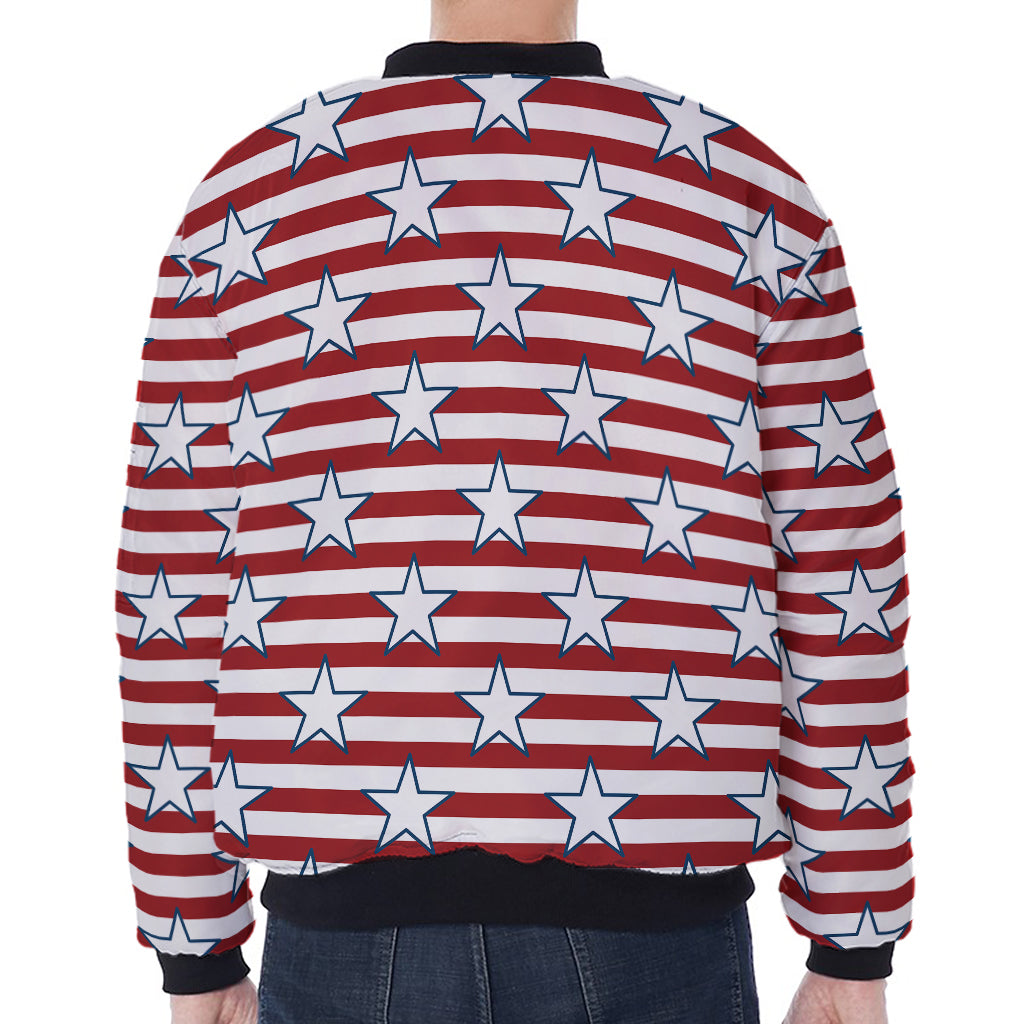 Red Striped USA Star Pattern Print Zip Sleeve Bomber Jacket
