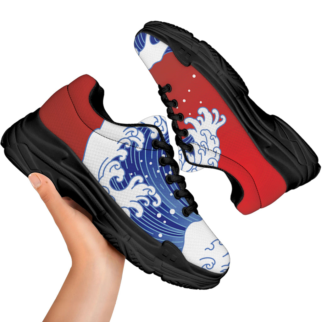 Red Sun Japanese Wave Print Black Chunky Shoes