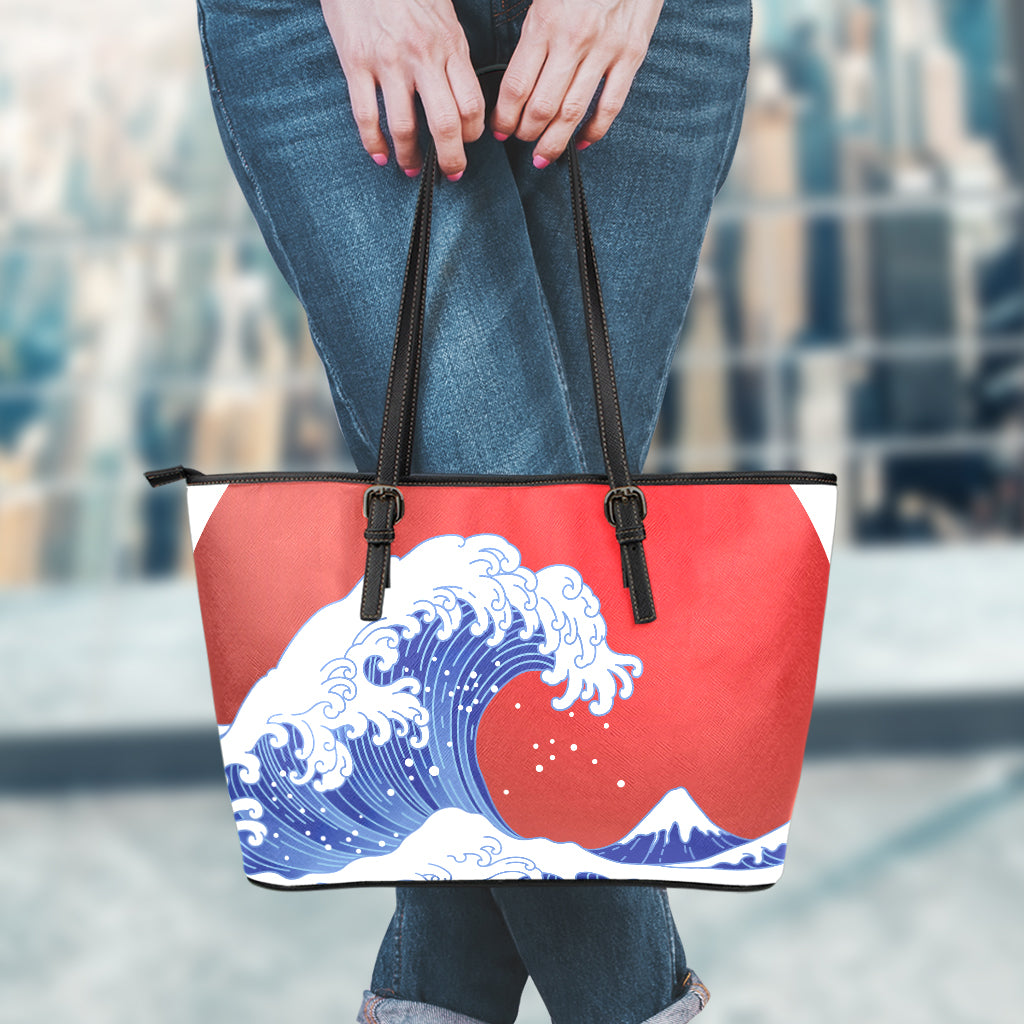 Red Sun Japanese Wave Print Leather Tote Bag