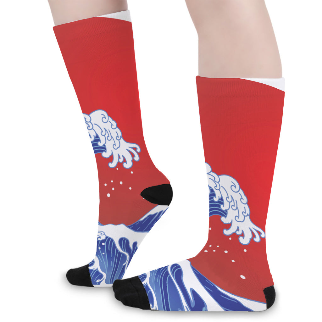 Red Sun Japanese Wave Print Long Socks