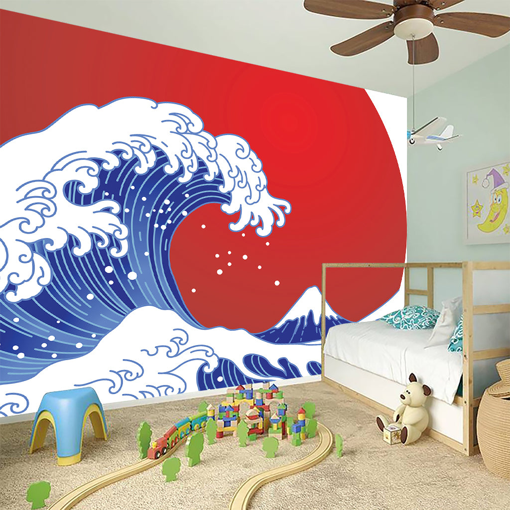 Red Sun Japanese Wave Print Wall Sticker