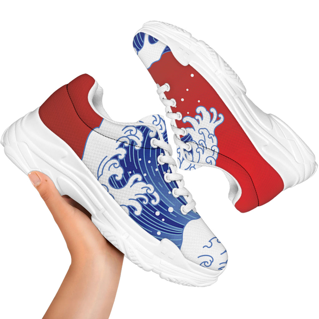 Red Sun Japanese Wave Print White Chunky Shoes