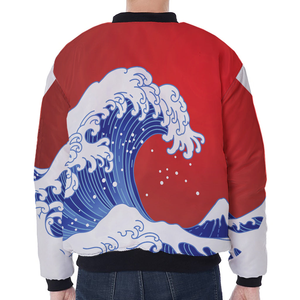 Red Sun Japanese Wave Print Zip Sleeve Bomber Jacket