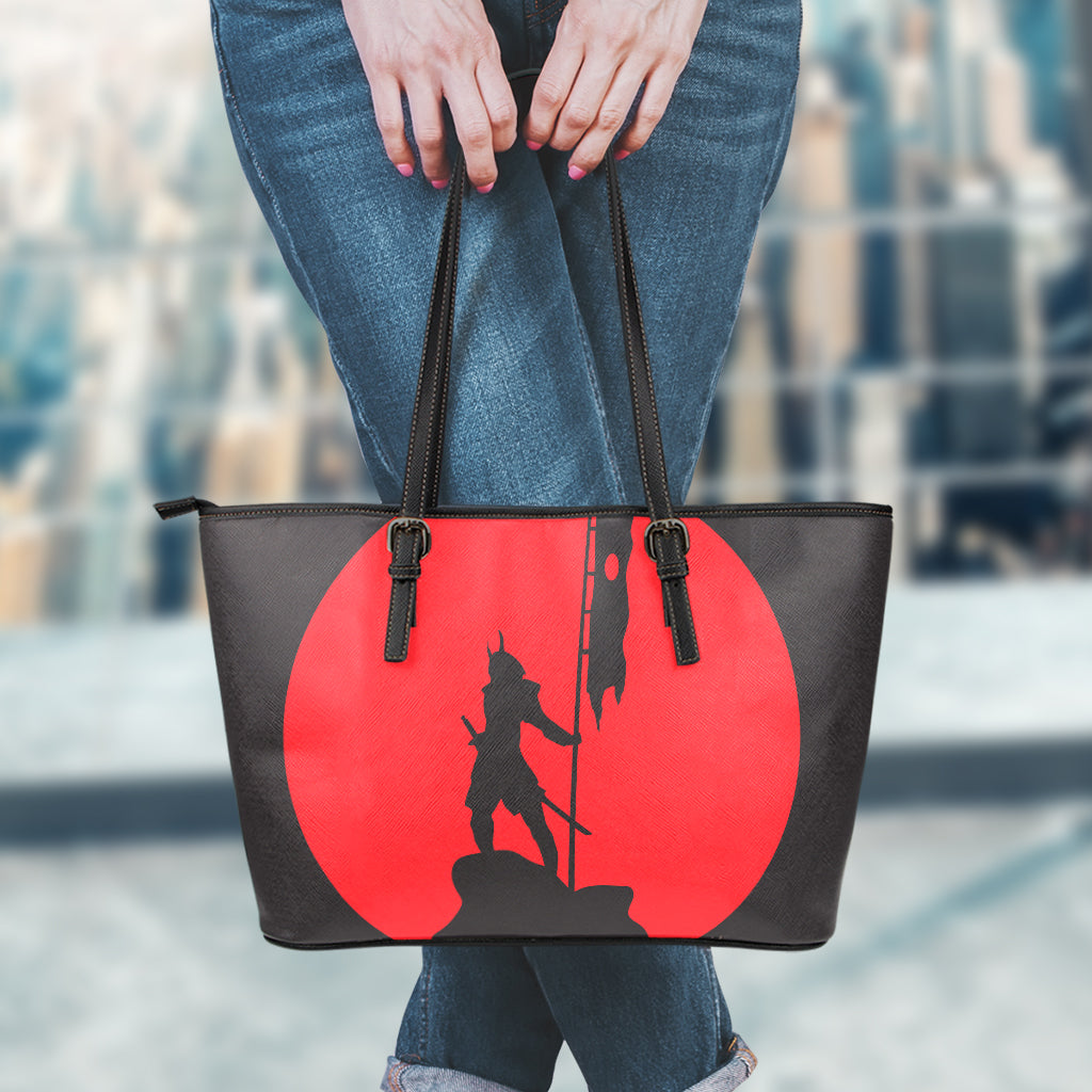 Red Sun Samurai Print Leather Tote Bag