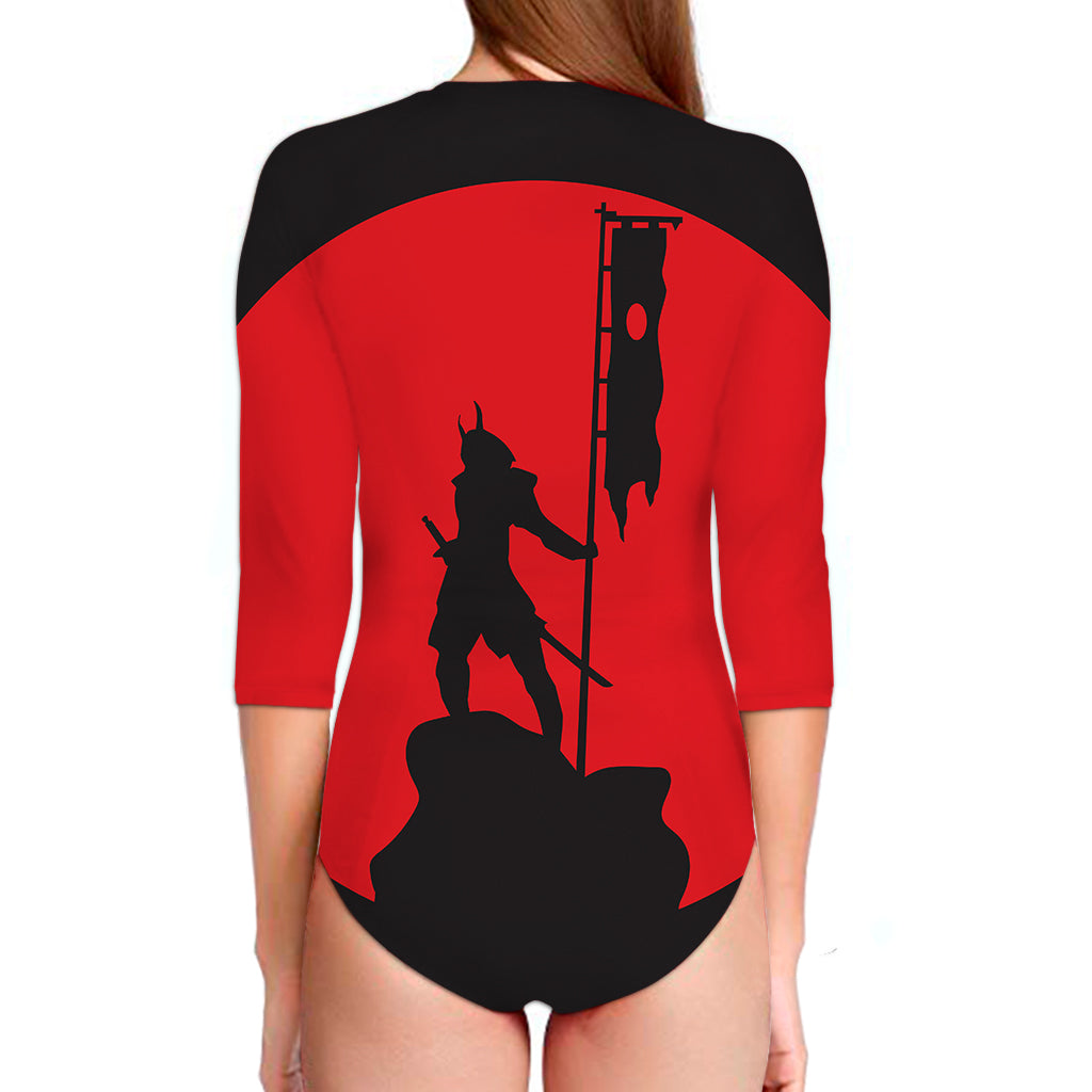 Red Sun Samurai Print Long Sleeve Swimsuit
