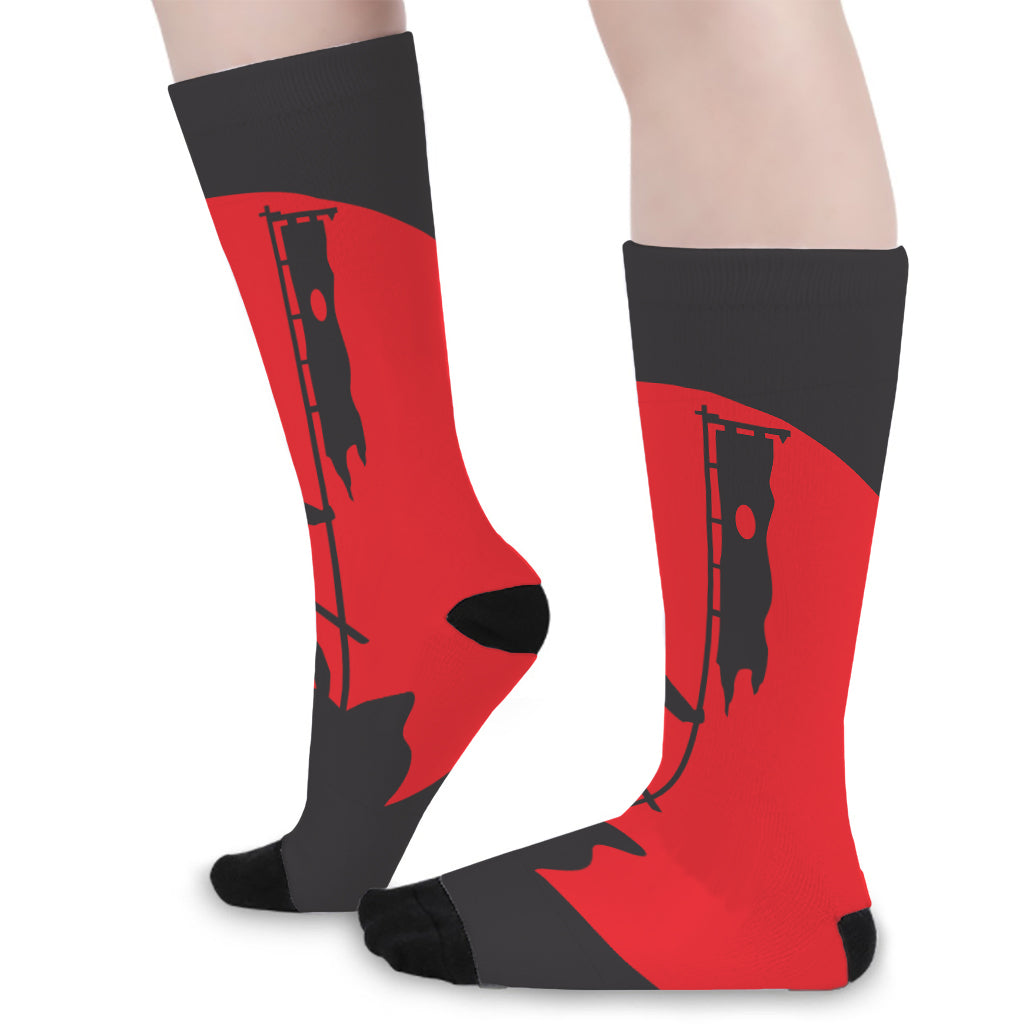 Red Sun Samurai Print Long Socks
