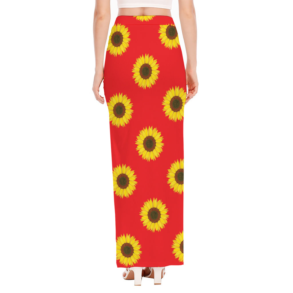 Red Sunflower Pattern Print High Slit Maxi Skirt