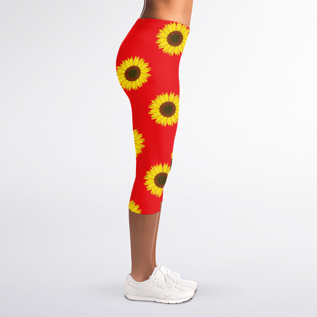 Red Sunflower Pattern Print Women's Capri Leggings