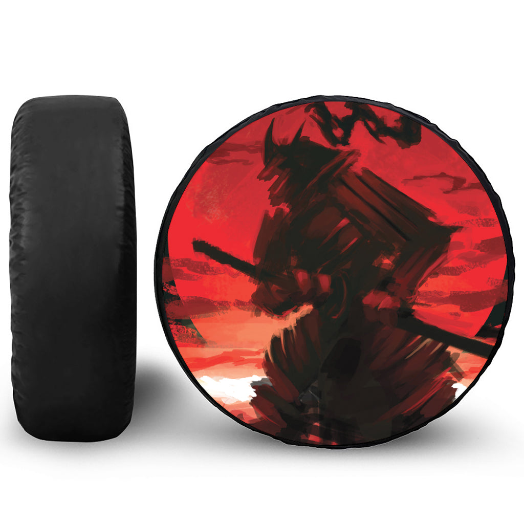Red Sunset Samurai Print Leather Spare Tire Cover