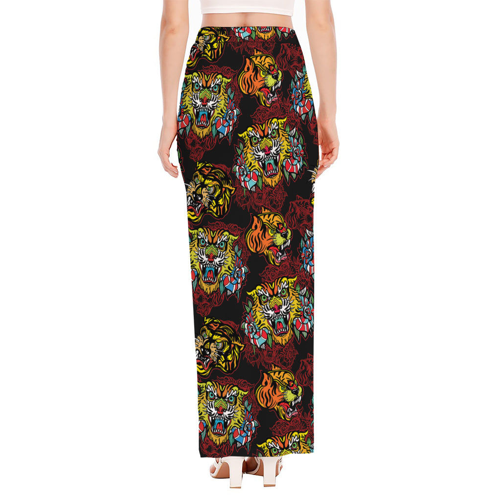 Red Tiger Tattoo Pattern Print High Slit Maxi Skirt