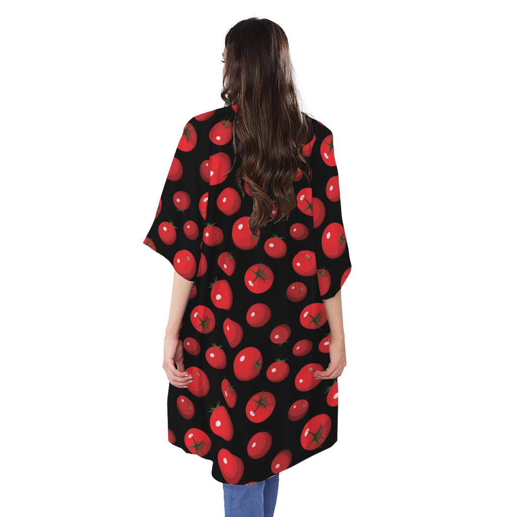 Red Tomato Pattern Print Open Front Beach Cover Up