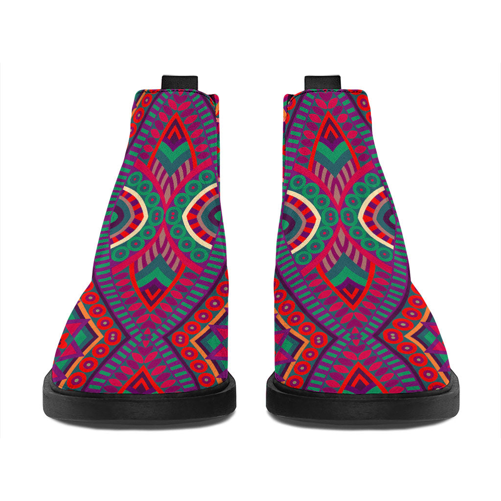 Red Tribal Ethnic Mandala Print Flat Ankle Boots