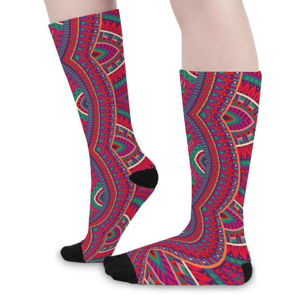 Red Tribal Ethnic Mandala Print Long Socks