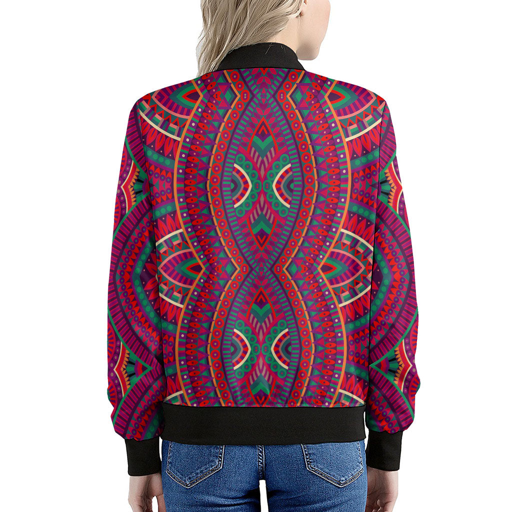 Red Tribal Ethnic Mandala Print Women's Bomber Jacket