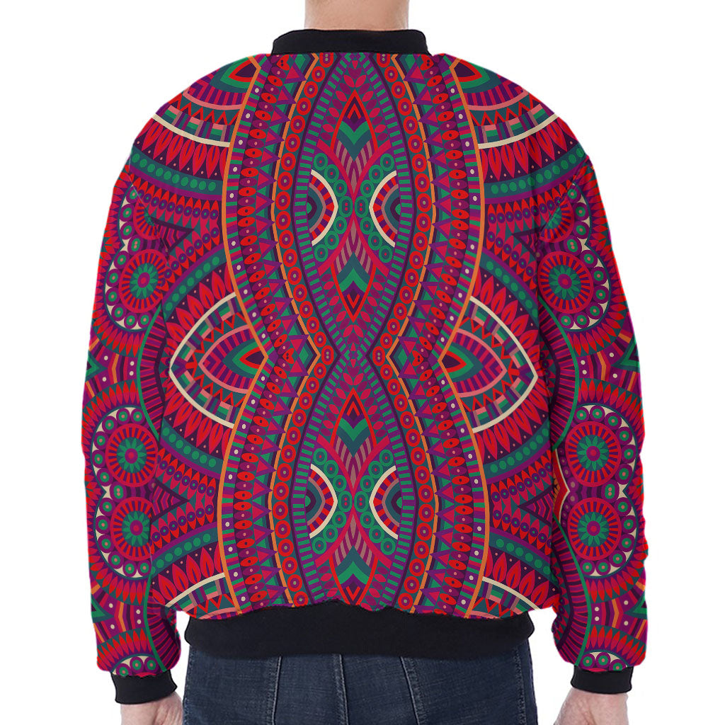 Red Tribal Ethnic Mandala Print Zip Sleeve Bomber Jacket