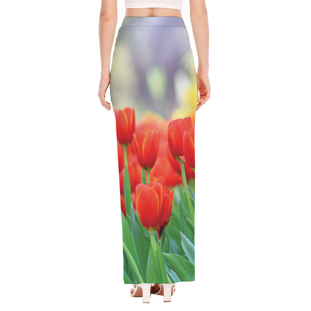 Red Tulip Print High Slit Maxi Skirt