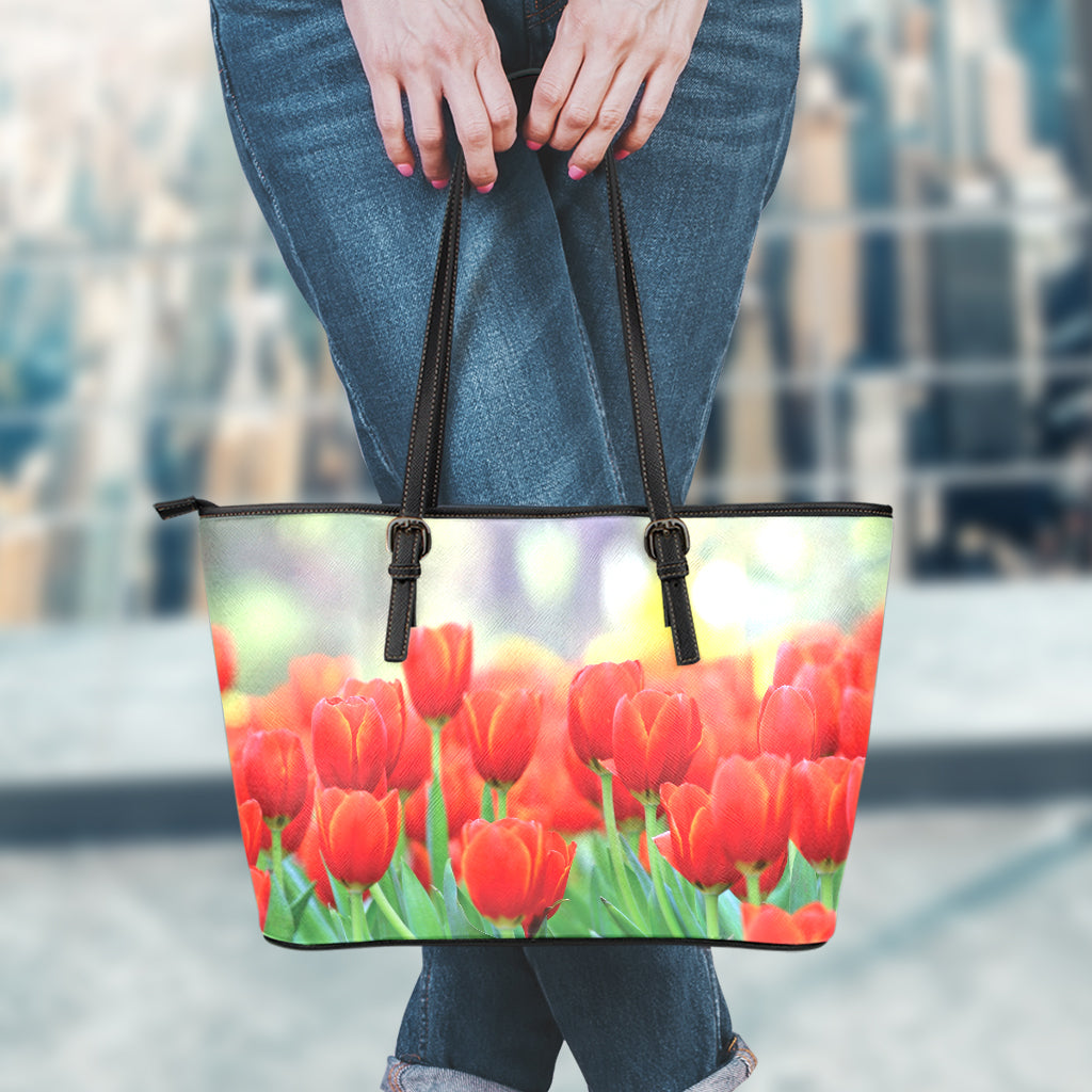 Red Tulip Print Leather Tote Bag
