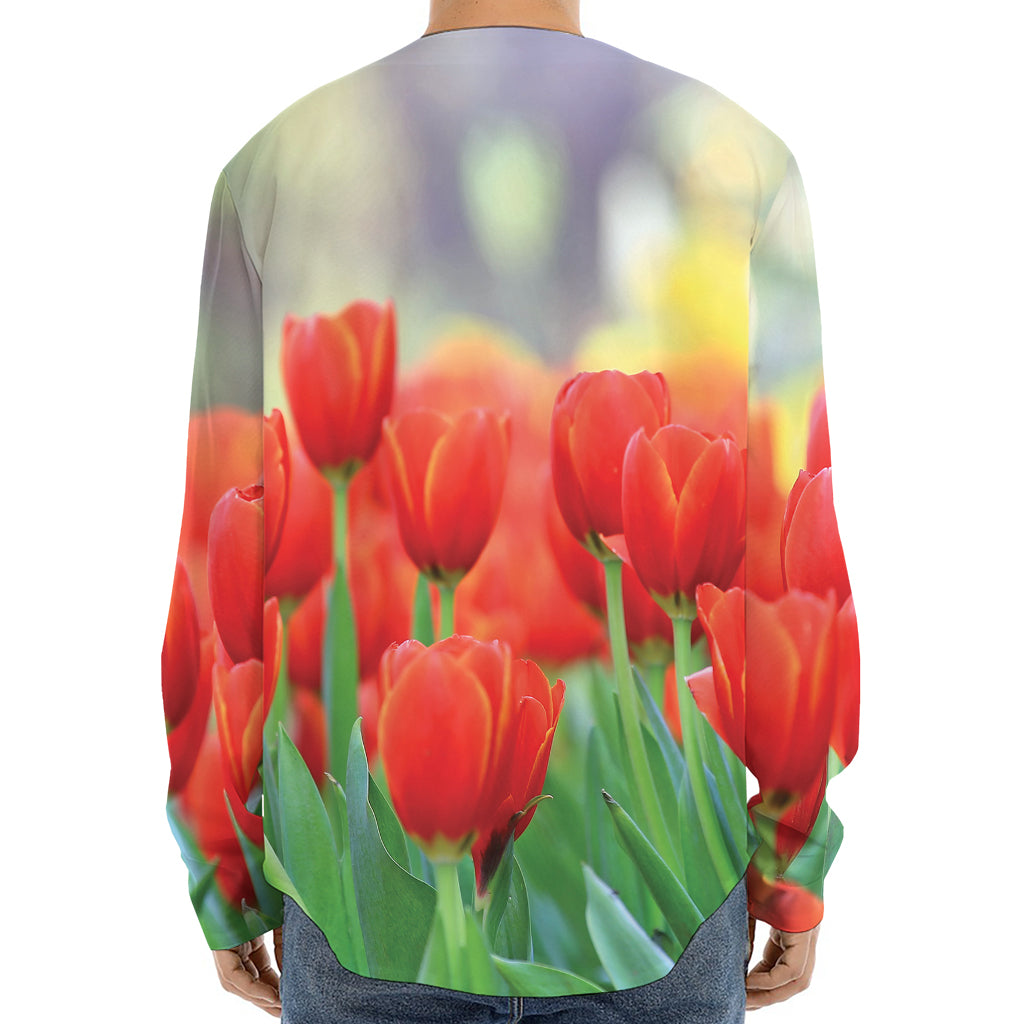 Red Tulip Print Long Sleeve Baseball Jersey