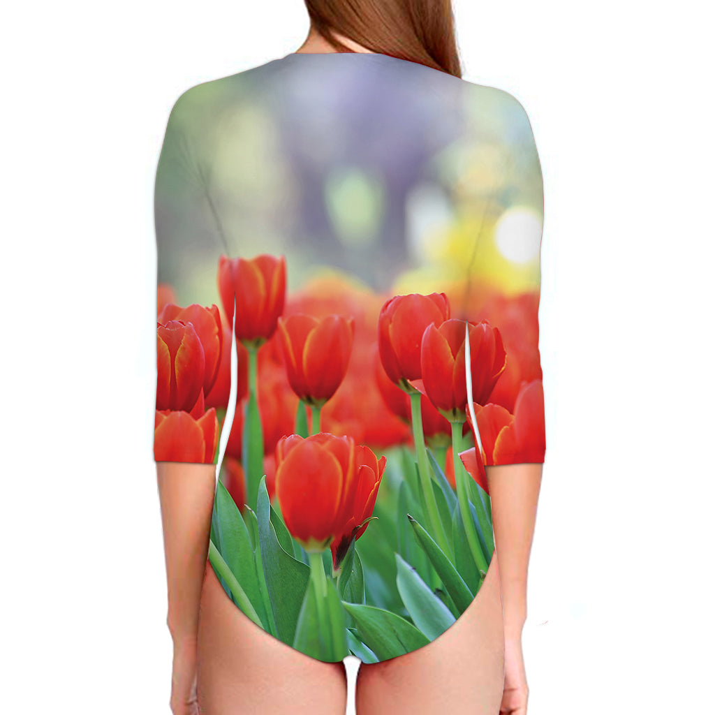 Red Tulip Print Long Sleeve Swimsuit