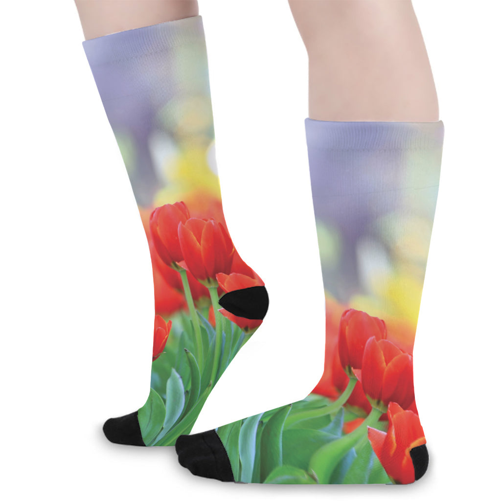 Red Tulip Print Long Socks